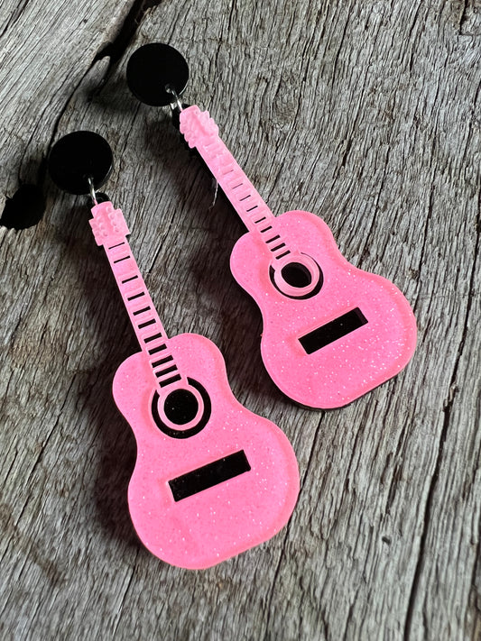 Glitter Pink Black Guitars Earrings