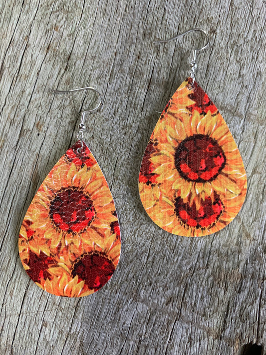 Golden Sunflower Faux Leather Earrings