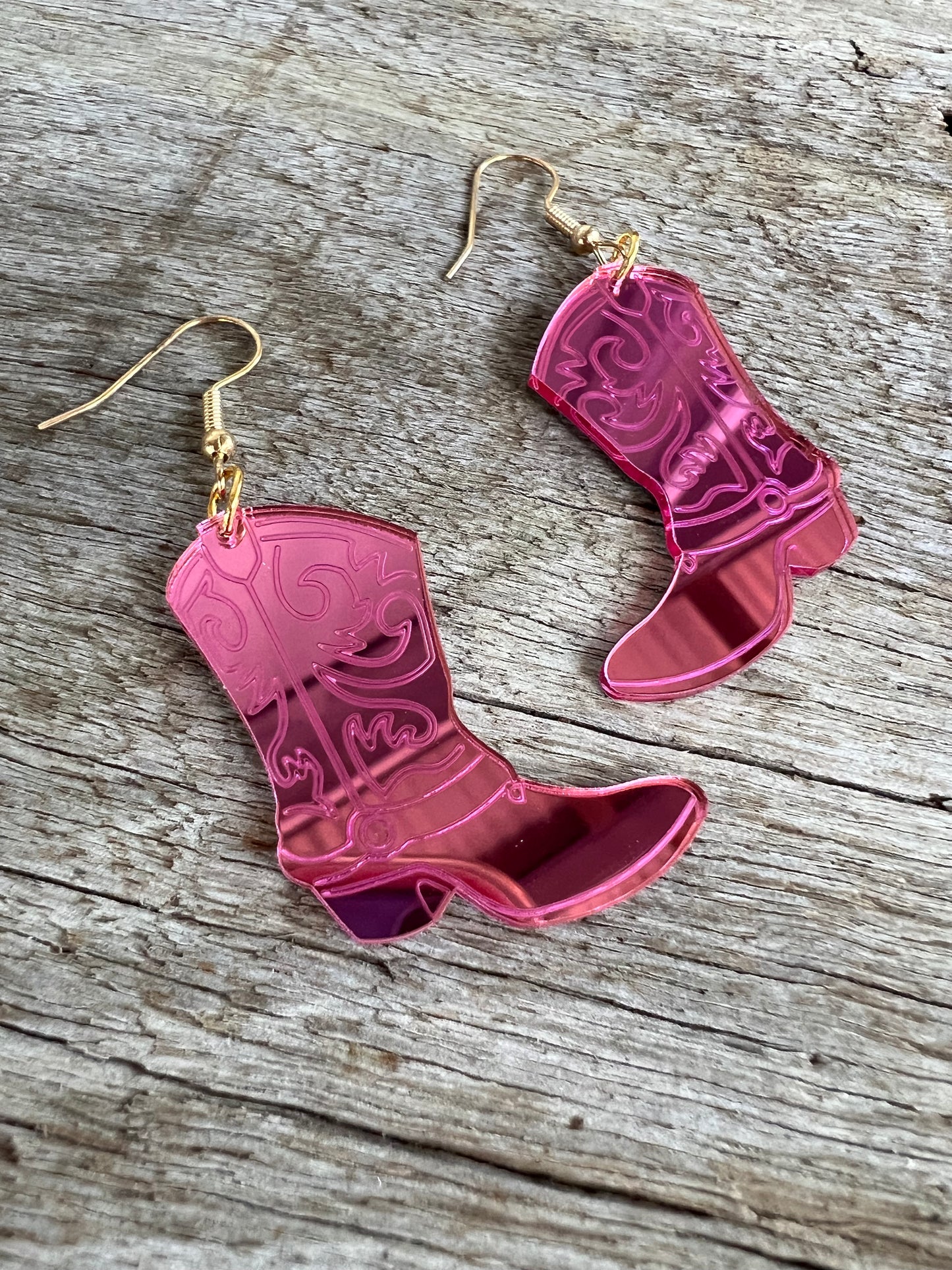 Pink Mirror Cowboy Boot Earrings