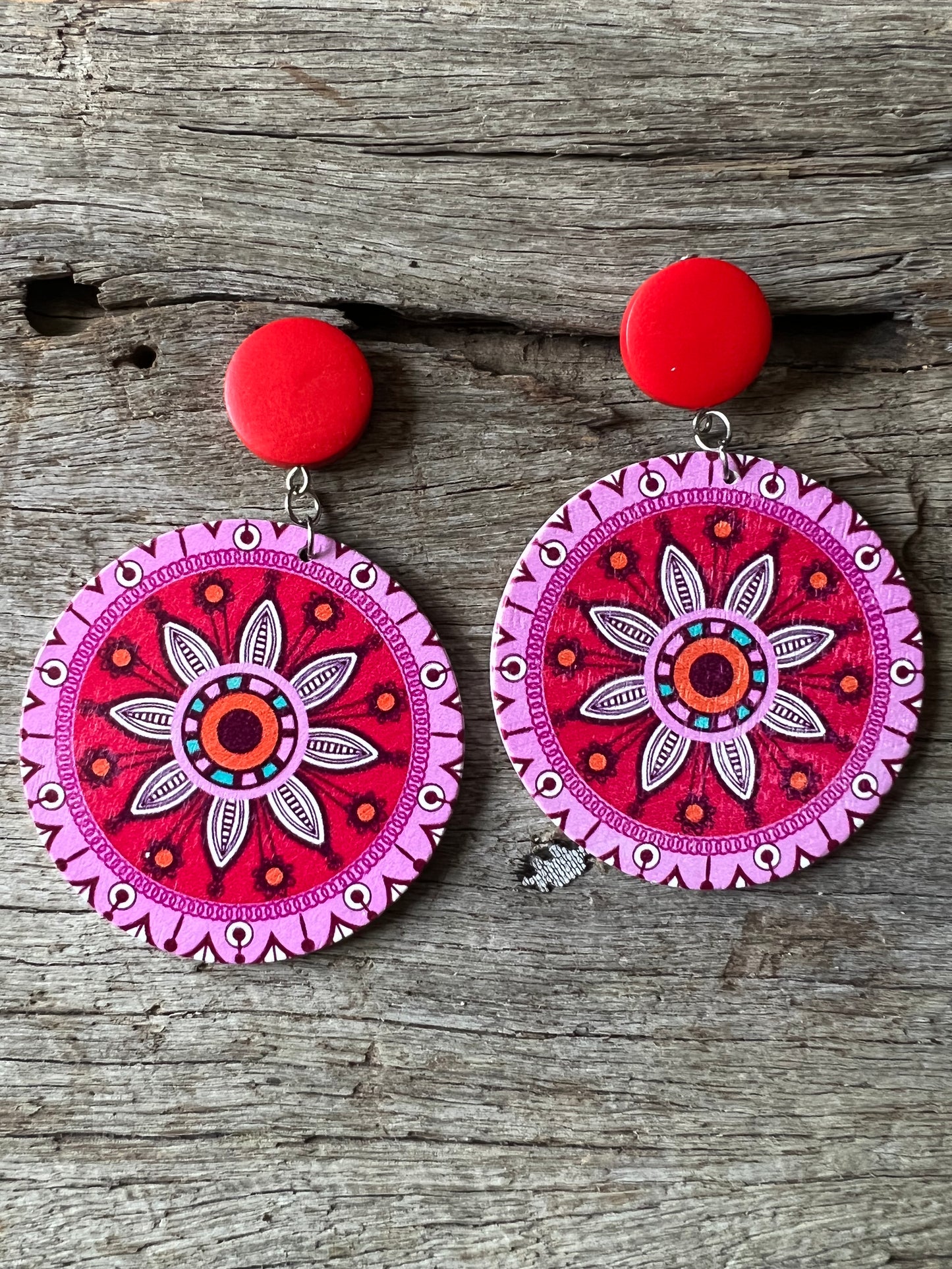 Big Bold Pink Print Wood Earrings