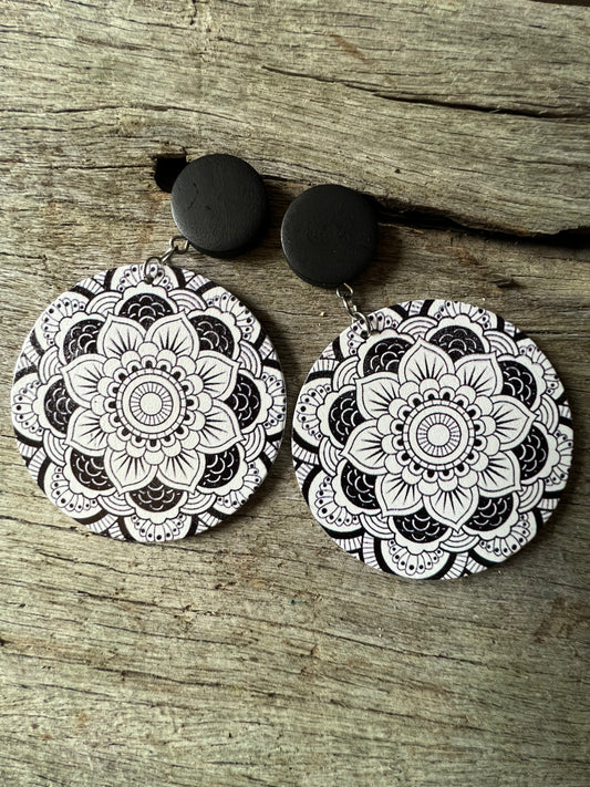 Big Bold Blue/Black White Print Wood Earrings