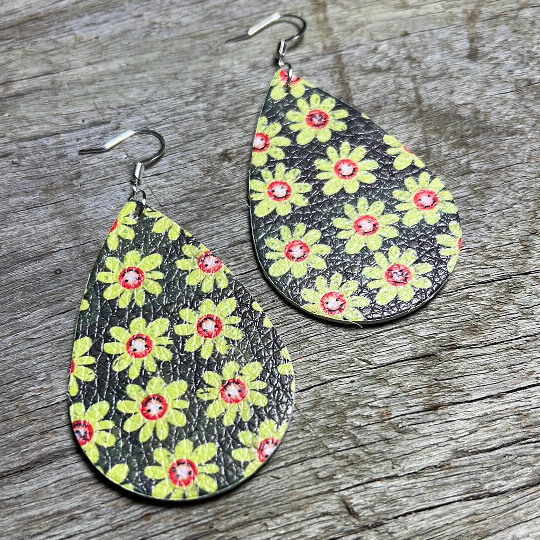 Green Daisy Faux Leather Earrings