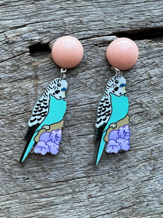 Blue Budgie Bird Stud Earrings