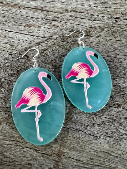 Pink Flamingo Blue Design Earrings