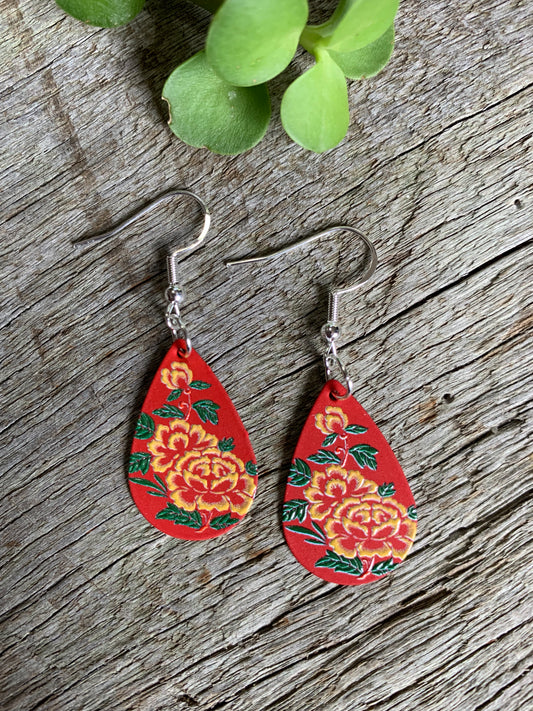 Red Floral Teardrop Earrings