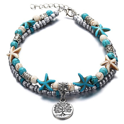 Tree of Life Turquoise Bead Layered Anklet