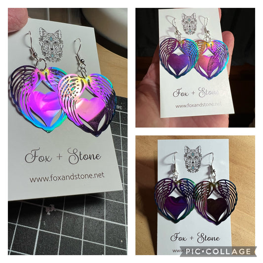 Irridescent Heart + Angel Wings Earrings