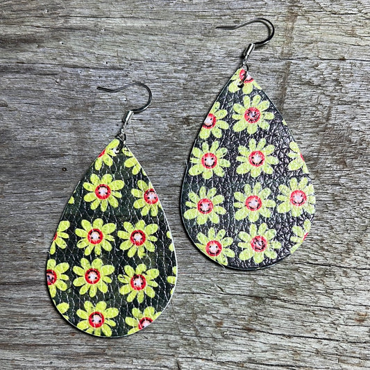 Green Daisy Faux Leather Earrings