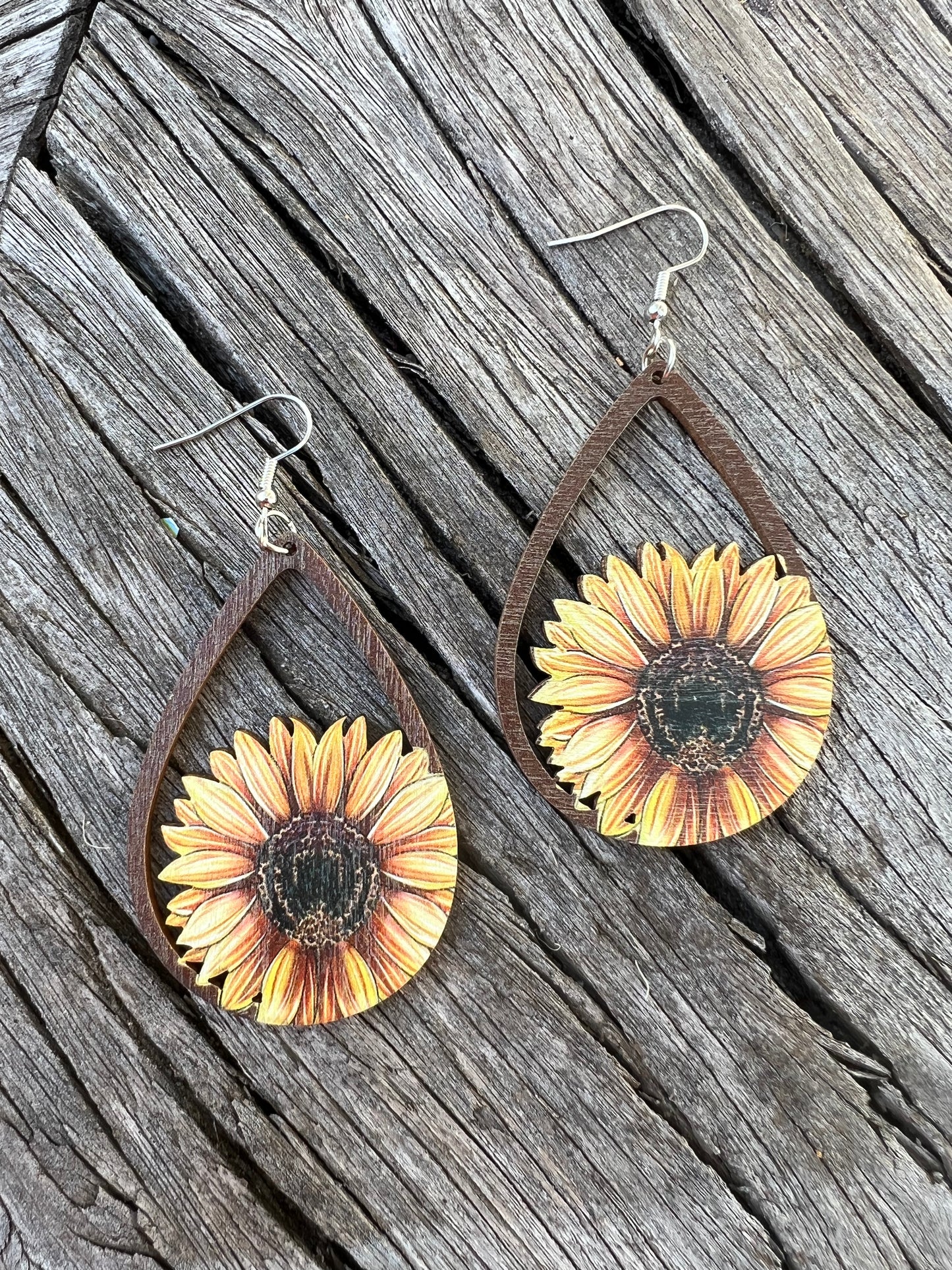 Beautiful Sunflower Natural Wood Earrings