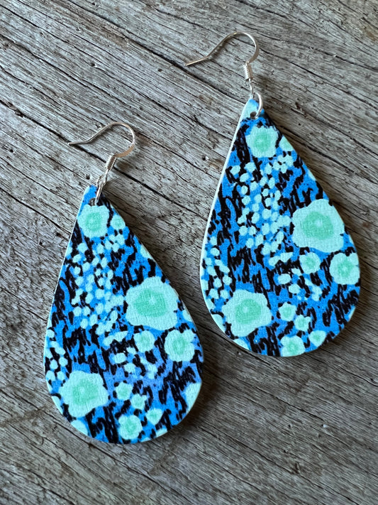 Blue Floral Print Wood Earrings