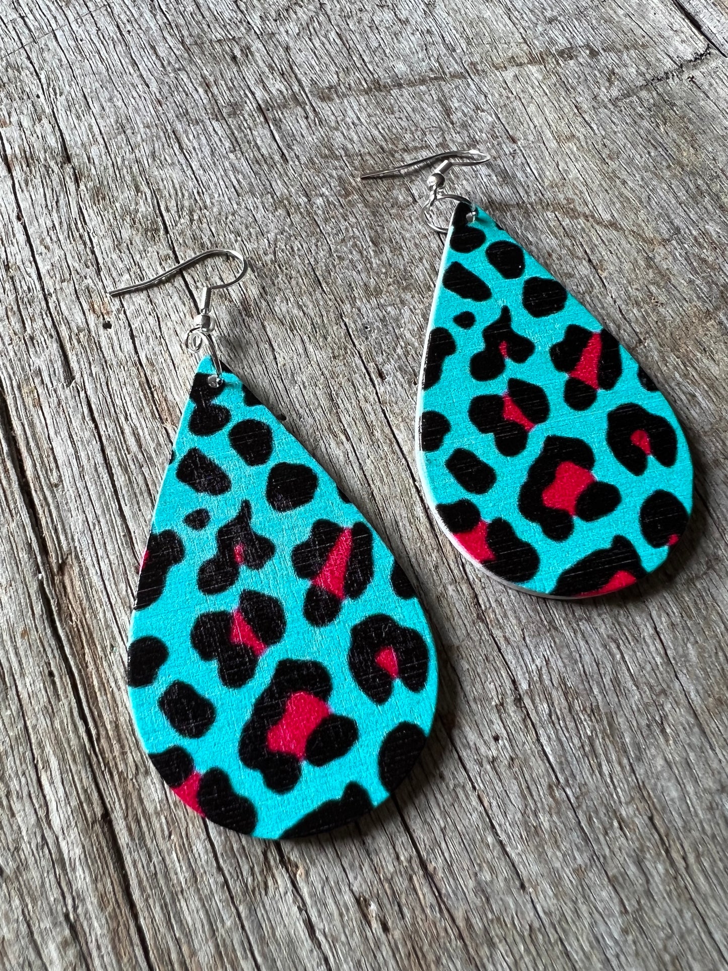 Blue Leopard Print Wood Earrings