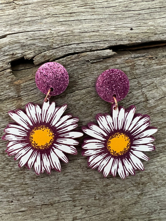 Pink Glitter Flower Earrings