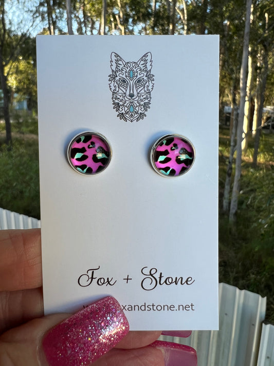 Pink Blue Leopard Stud Earrings