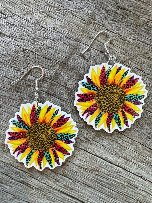 Leopard Sunflower Resin Earrings