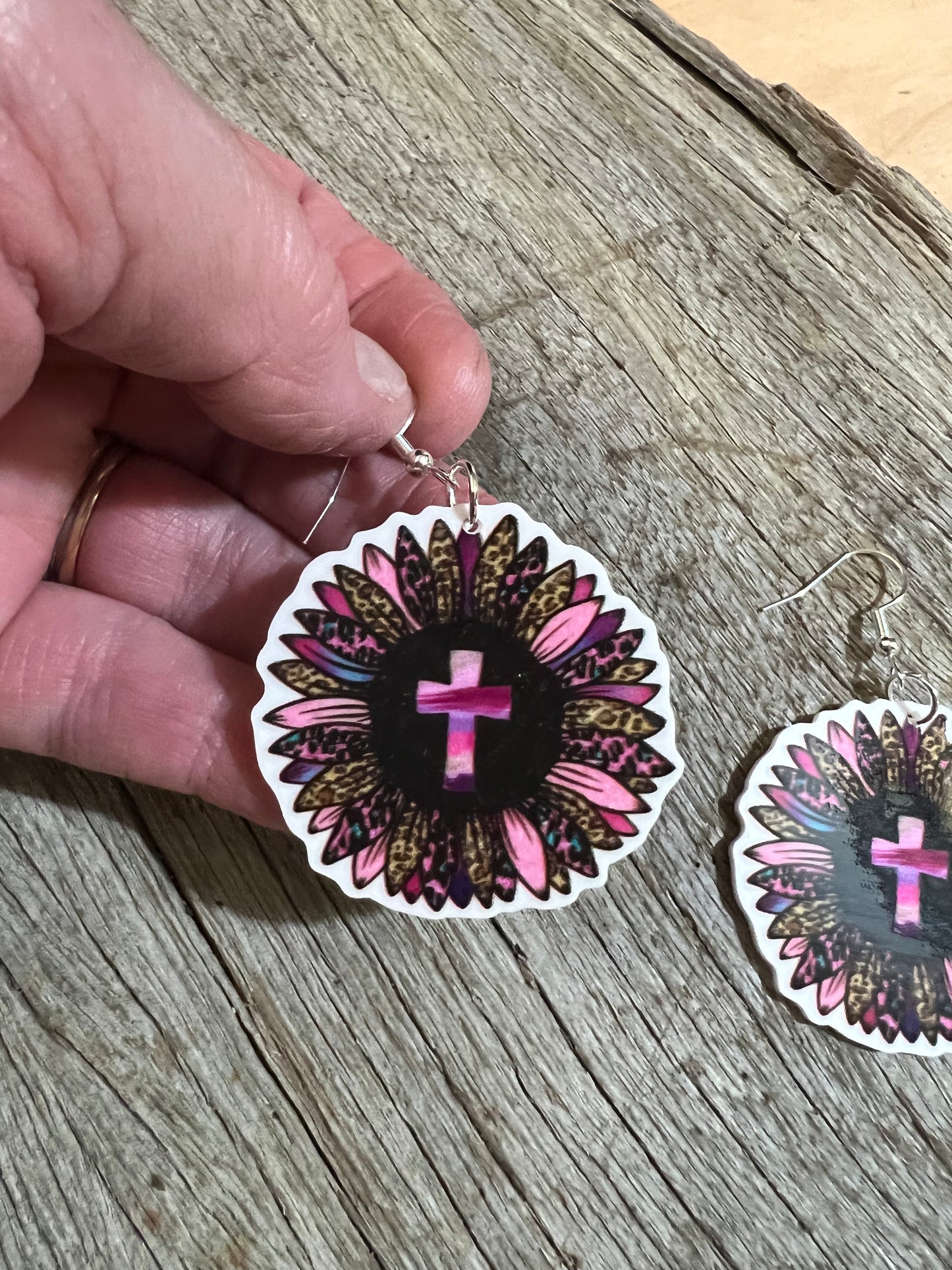 Pink Cross Leopard Sunflower Earrings