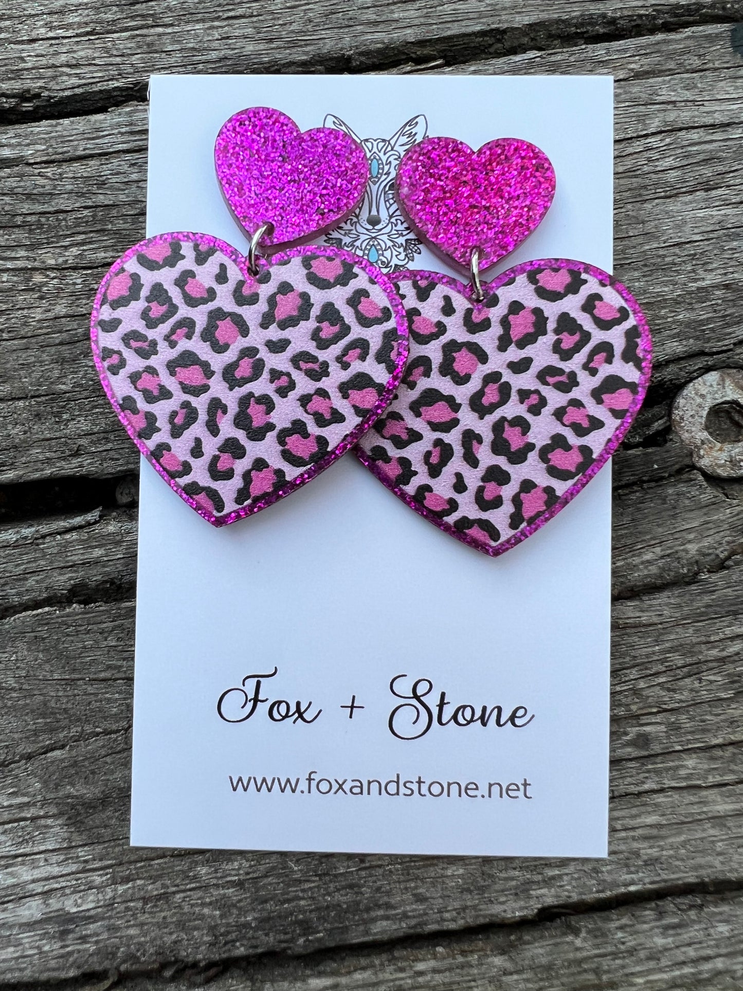 Hot Pink Leopard Glitter Hearts Earrings