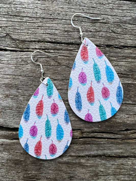 Watercolour Feather Faux Leather Earrings