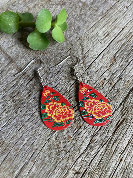 Red Floral Teardrop Earrings