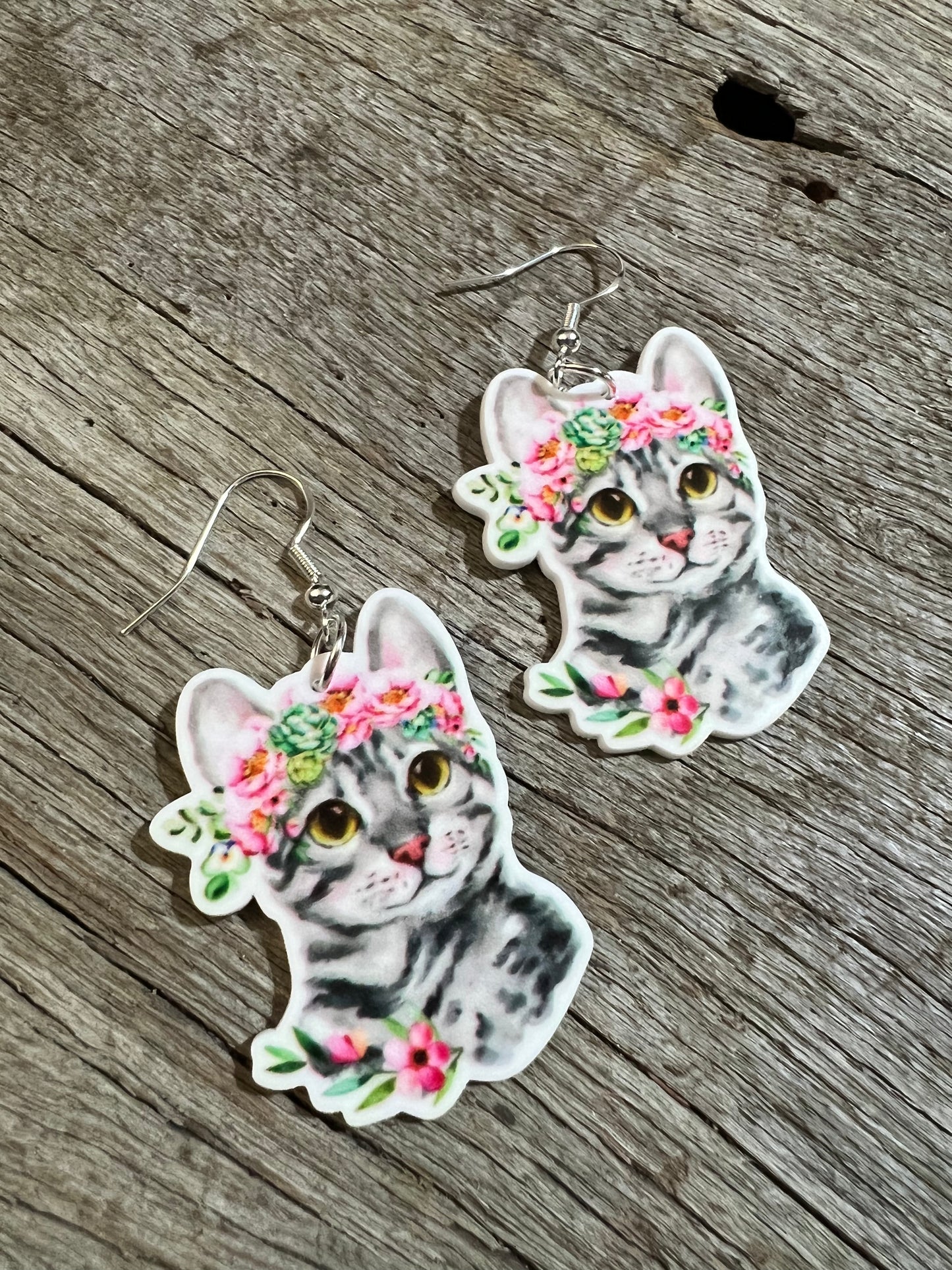 Pretty Floral Kitty Resin Earrings