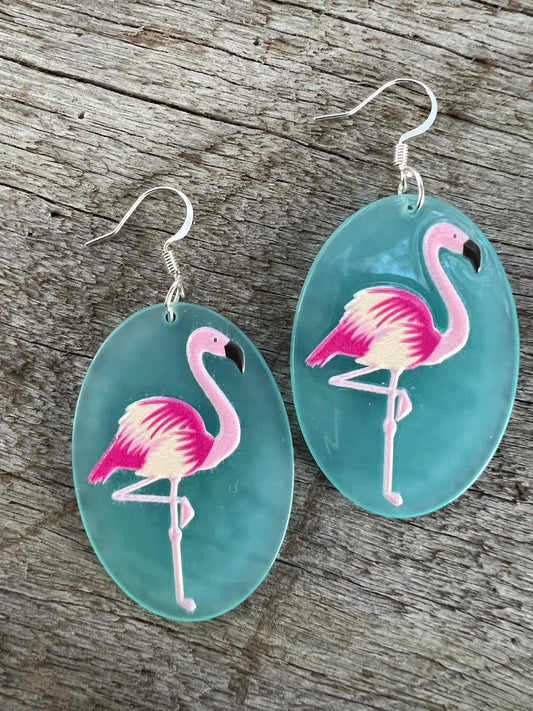 Pink Flamingo Blue Design Earrings