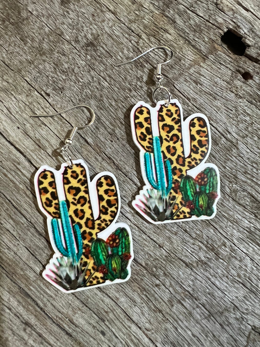 Cactus Leopard Garden Resin Earrings