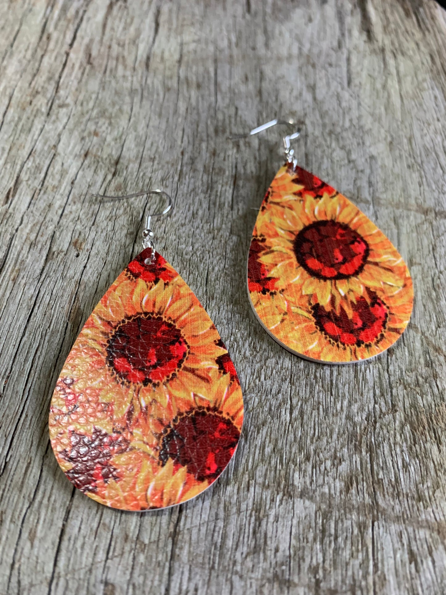 Golden Sunflower Faux Leather Earrings