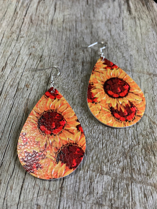 Golden Sunflower Faux Leather Earrings