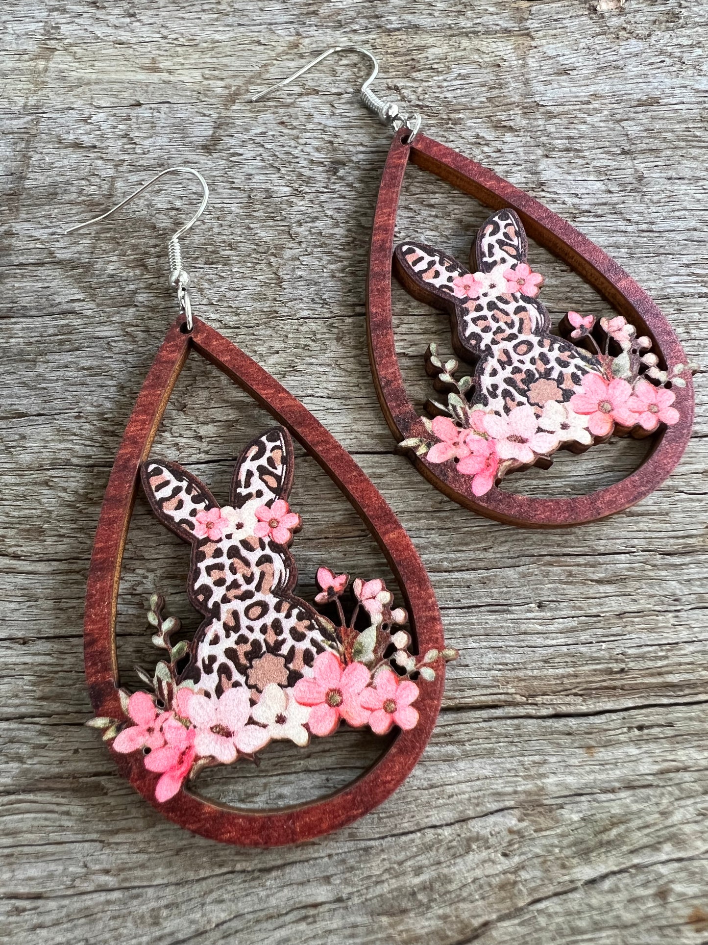 Easter Bunny Natural Wood Earrings