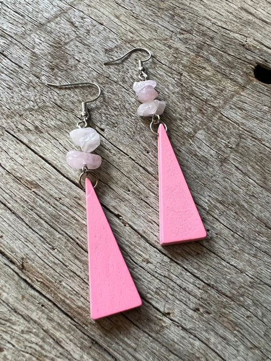 Rose Quartz + Wood Triangle Earrings