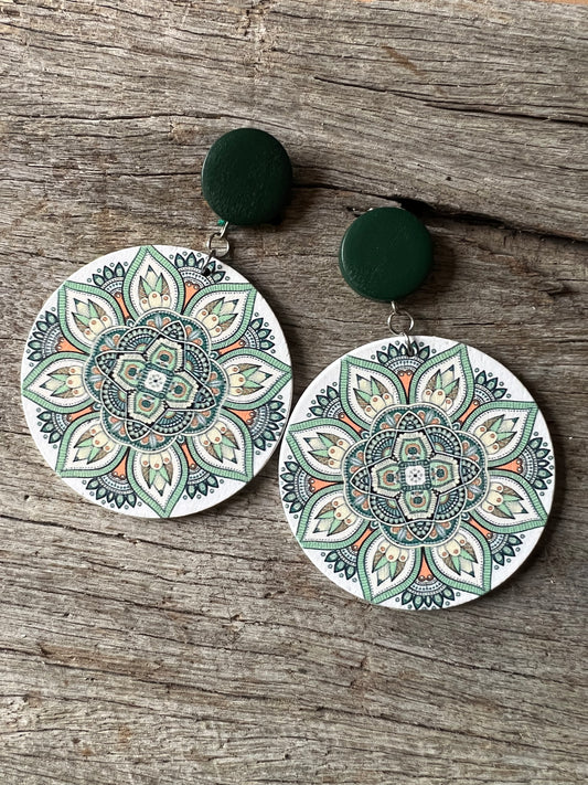 Big Bold Green Print Wood Earrings