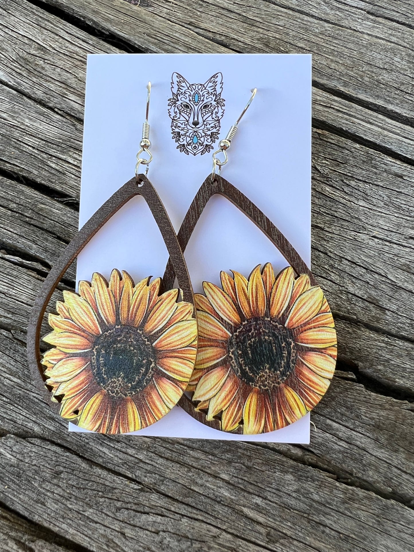 Beautiful Sunflower Natural Wood Earrings