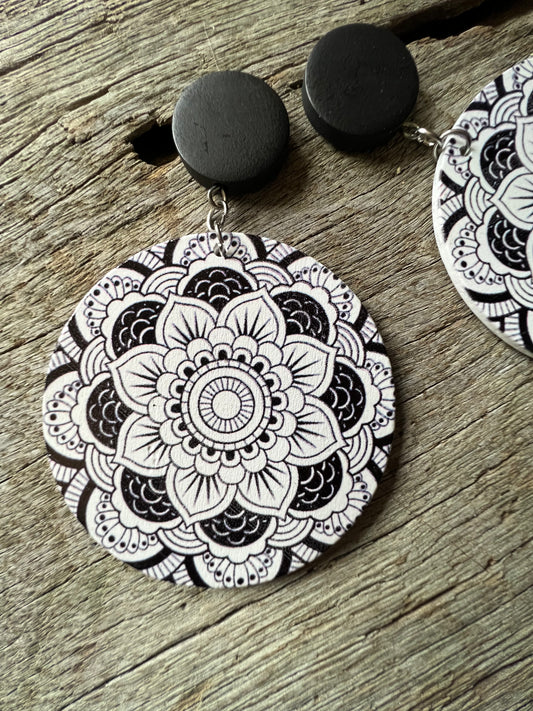 Big Bold Blue/Black White Print Wood Earrings