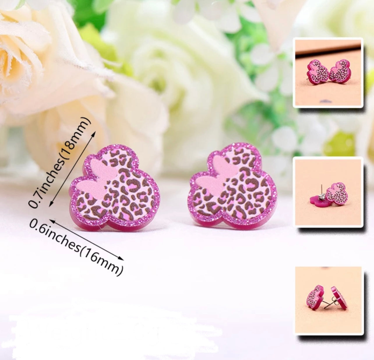 Glitter Pink Leopard Mouse Stud Earrings