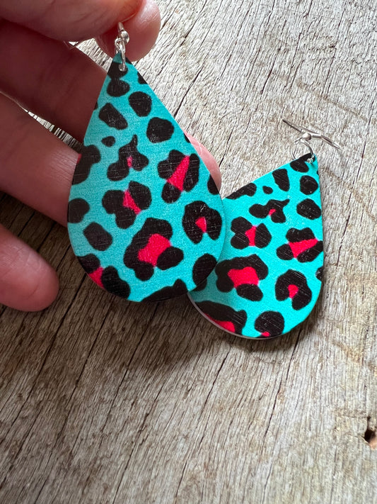 Blue Leopard Print Wood Earrings