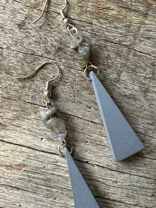 Labradorite + Wood Triangle Earrings