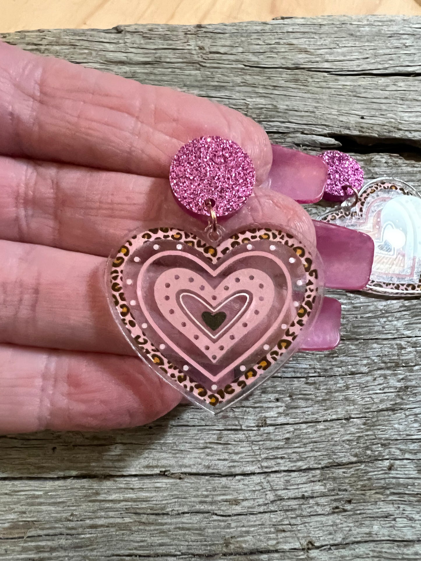 Pink Heart Glitter Stud Earrings