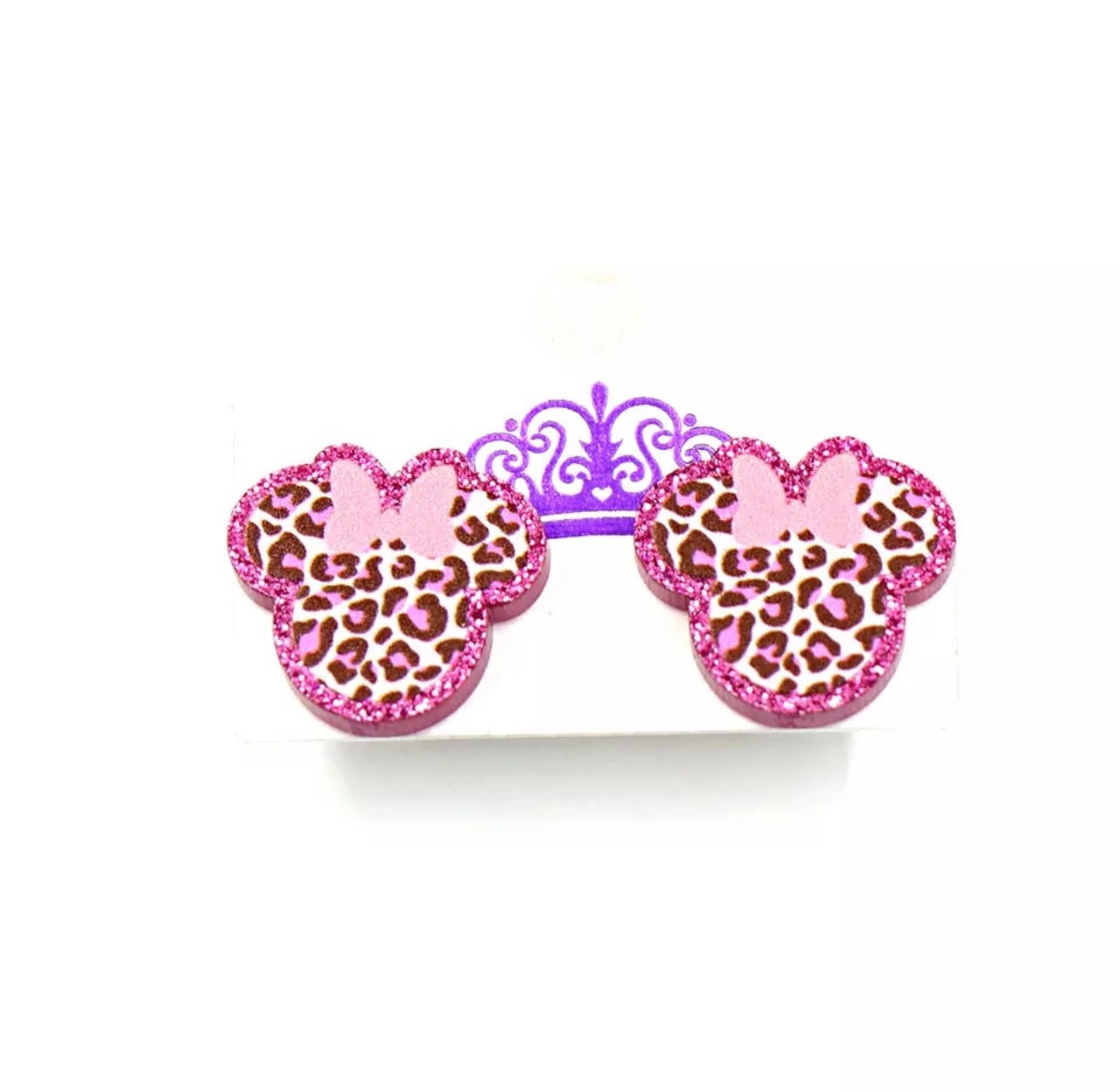 Glitter Pink Leopard Mouse Stud Earrings
