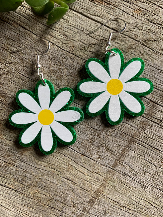 Green Daisy Glitter Earrings