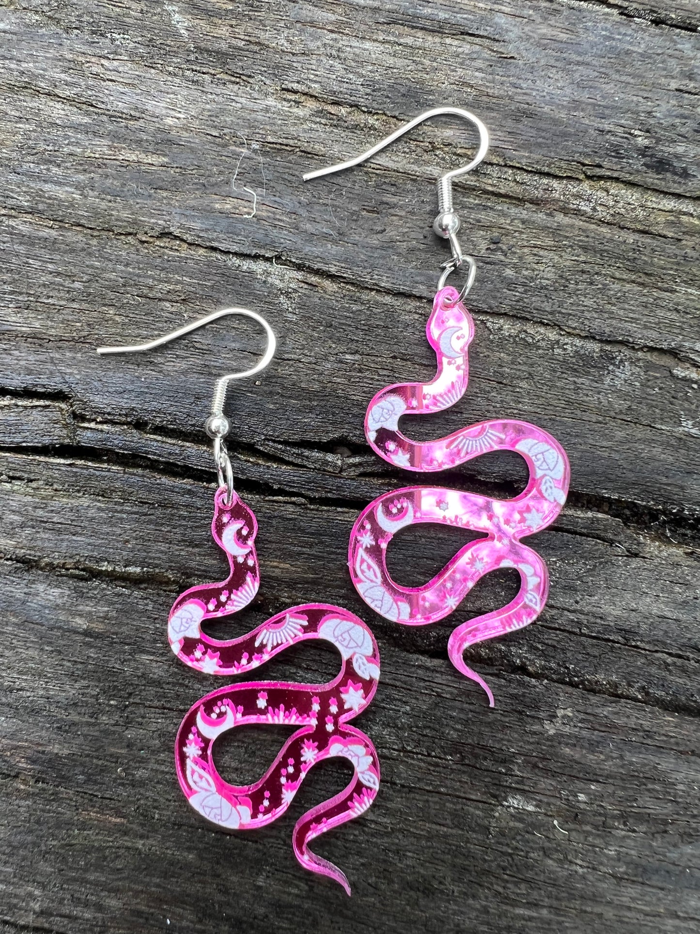 Pink Mirror Moon Snake Earrings