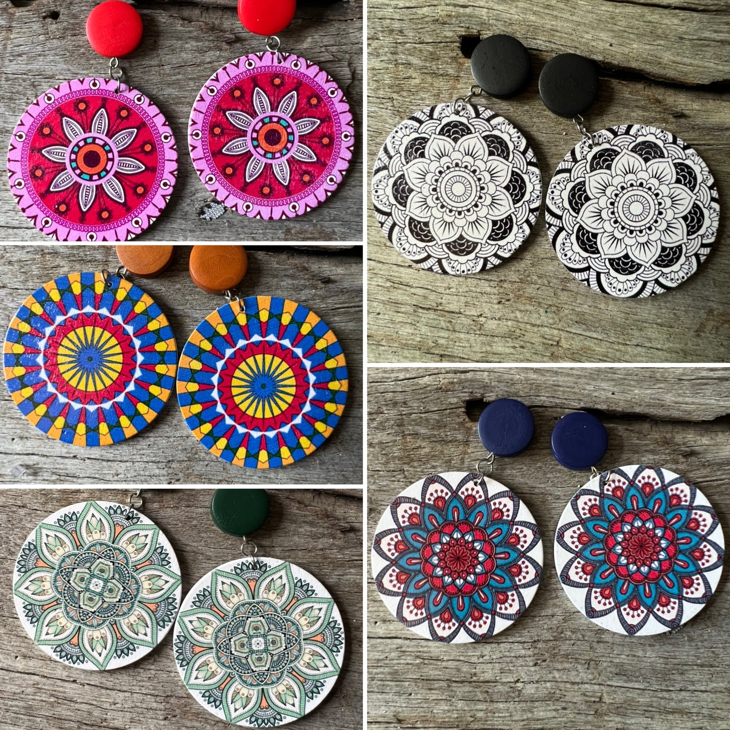 Big Bold Blue/Black White Print Wood Earrings