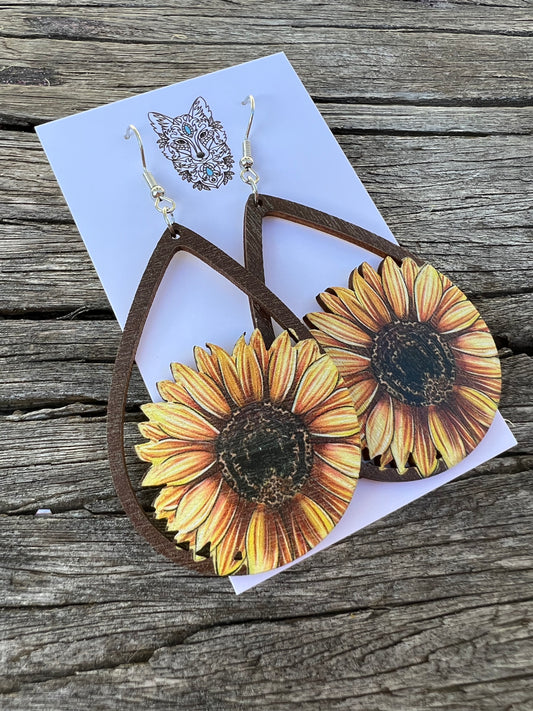 Beautiful Sunflower Natural Wood Earrings