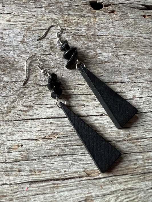 Onyx + Wood Triangle Earrings