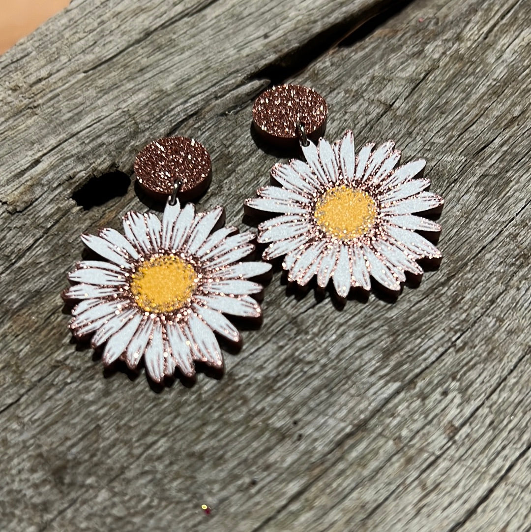 Mocha Glitter Flower Earrings