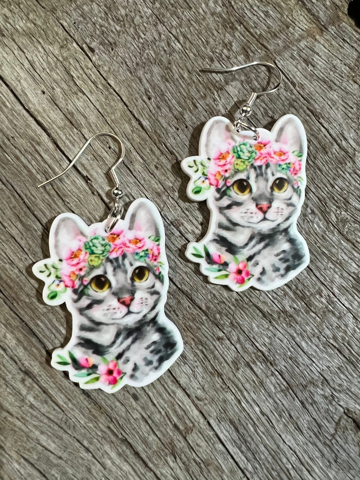 Pretty Floral Kitty Resin Earrings