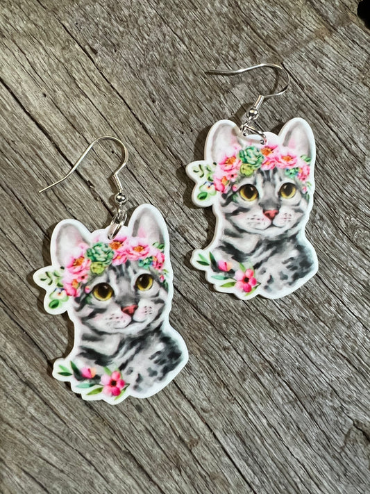 Pretty Floral Kitty Resin Earrings