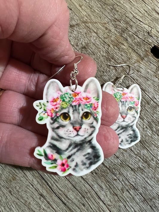 Pretty Floral Kitty Resin Earrings
