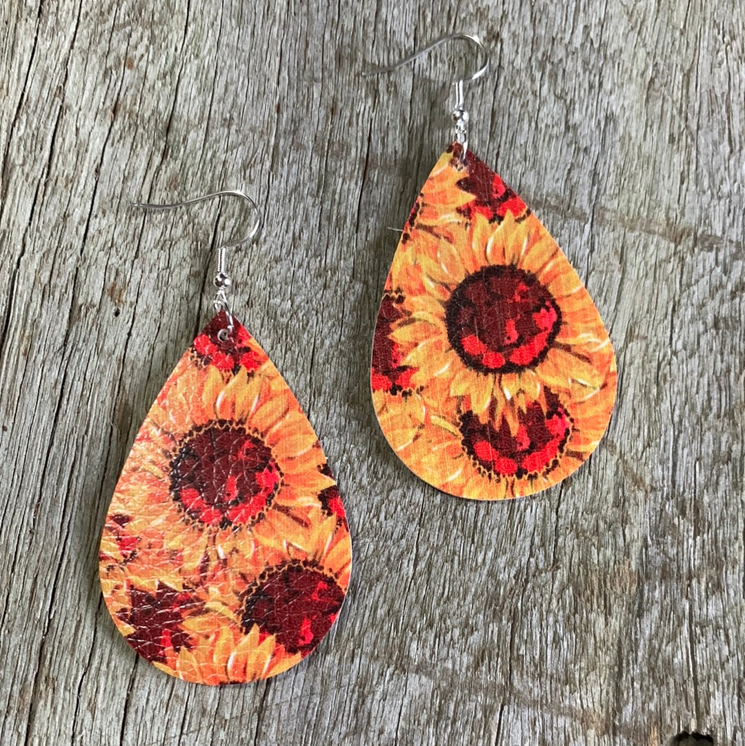 Golden Sunflower Faux Leather Earrings