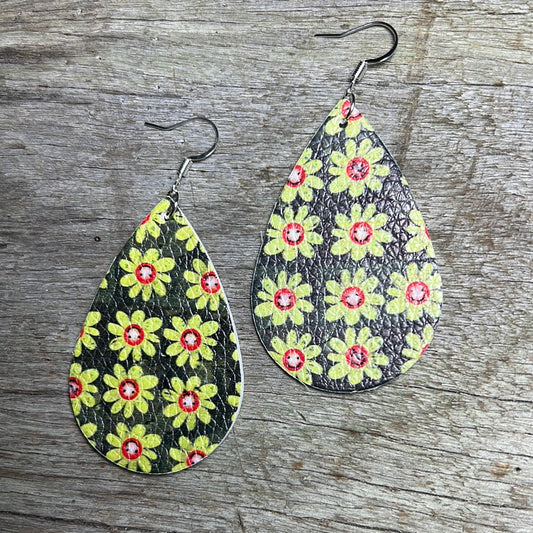 Green Daisy Faux Leather Earrings