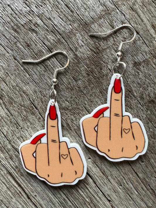 Red Polish Flip The Bird Earrings