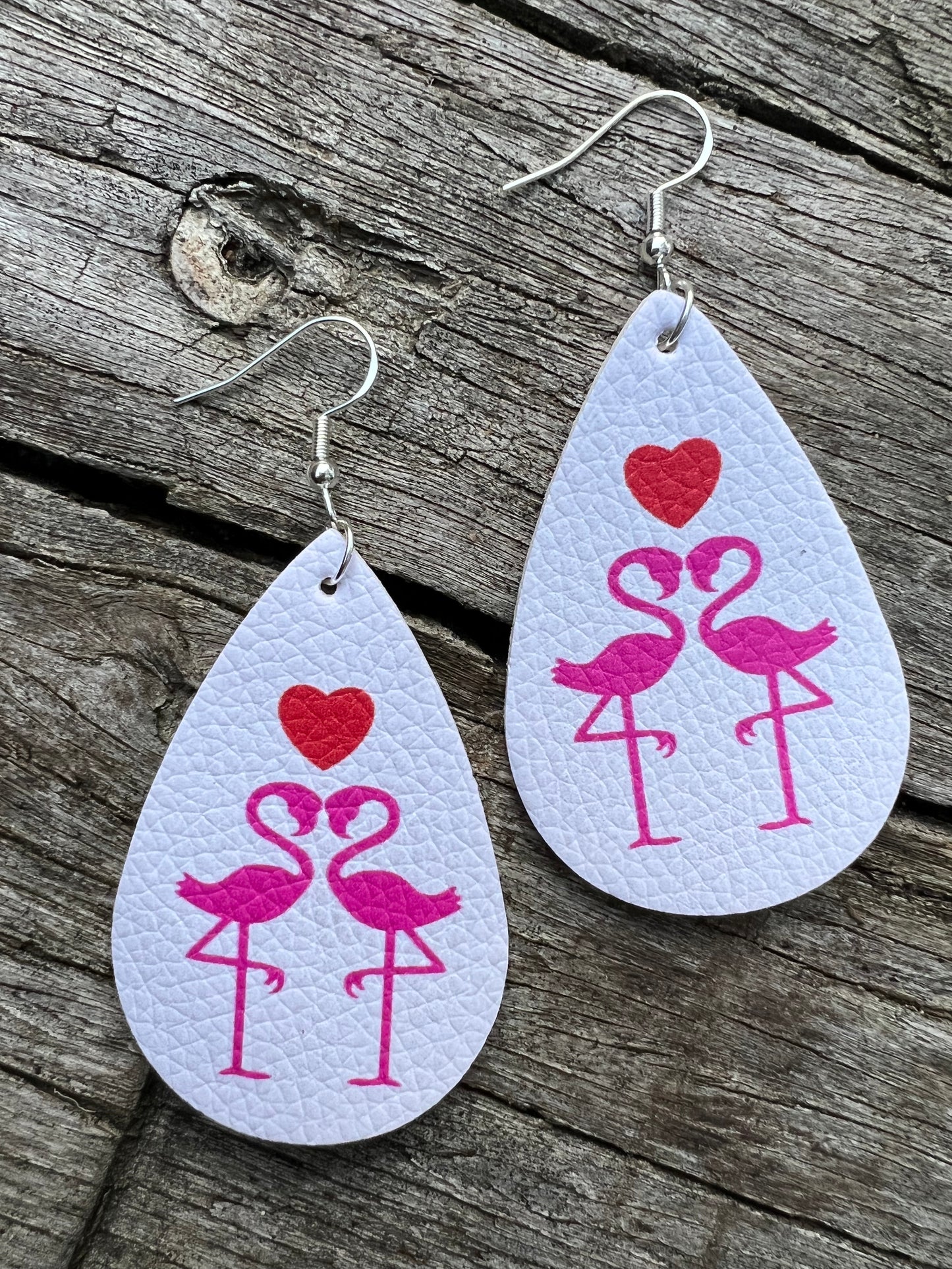 Double Flamingo Heart Faux Leather Earrings